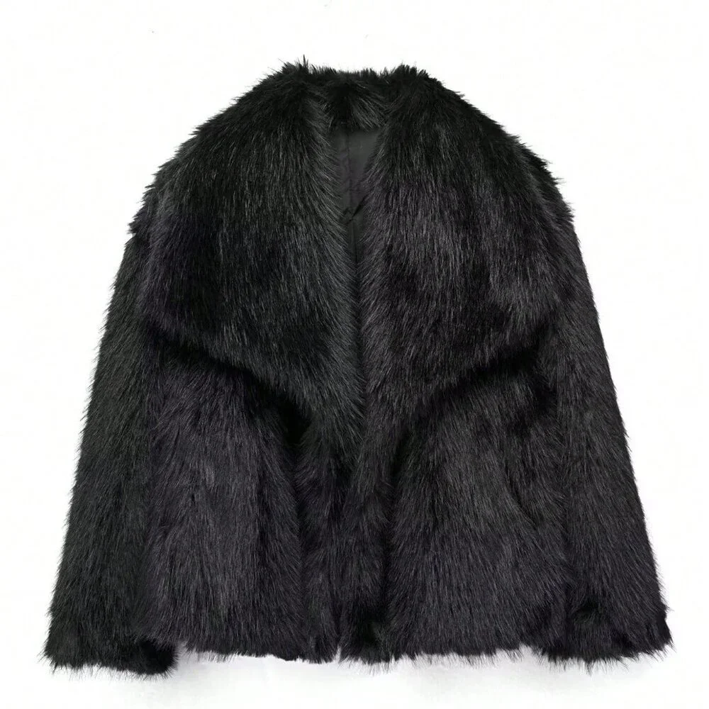 Black Preppy Women's Casual Luxury Faux Fur Coat - Picture 6 of 7